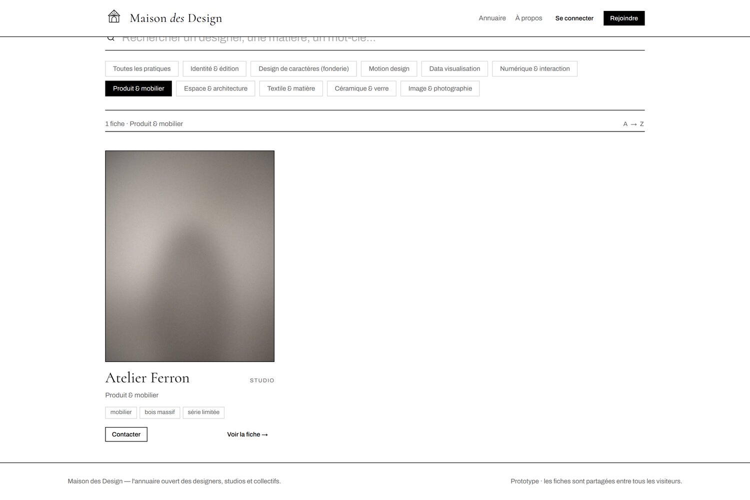 Maison des Design — Recherche et filtres par pratique.