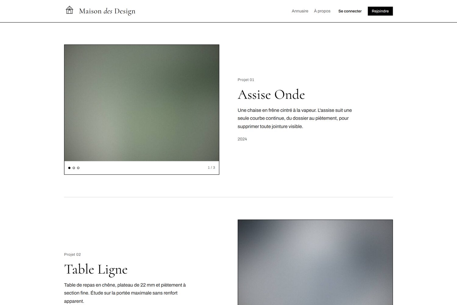 Maison des Design — Portfolio d'une fiche : projets en carrousel alterné.