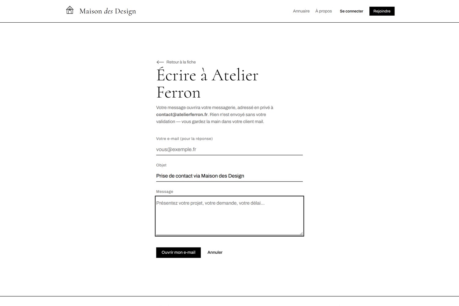 Maison des Design — Page contact : message privé par e-mail.