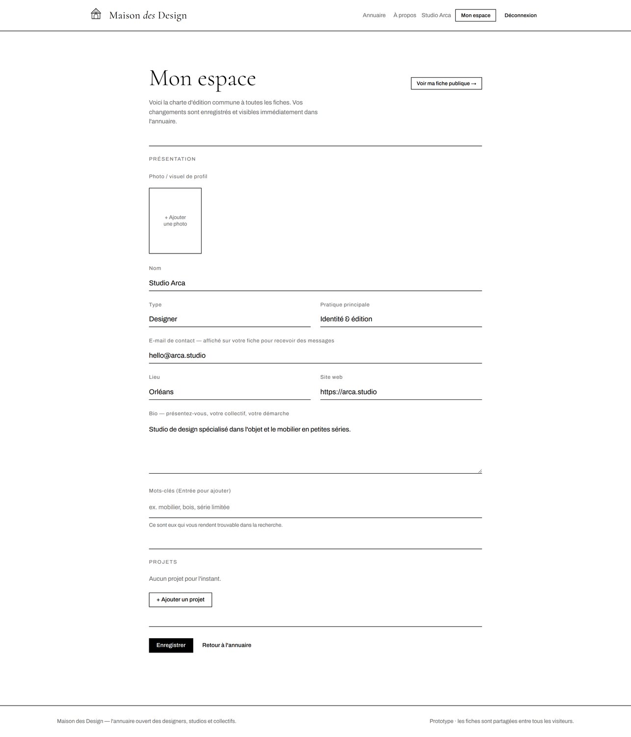 Maison des Design — Espace d'édition : la charte de profil commune.