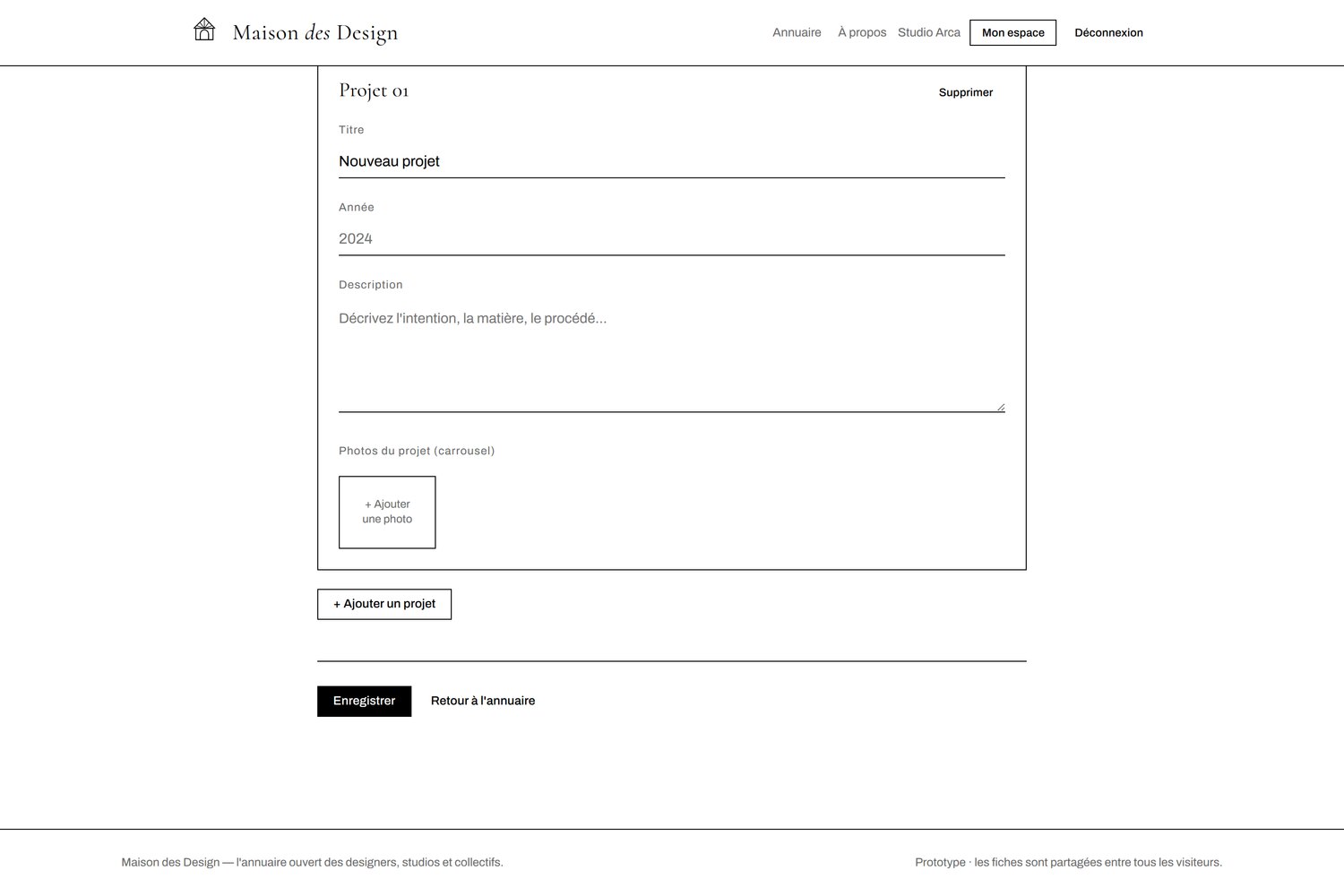 Maison des Design — Espace d'édition : ajout d'un projet et de photos.