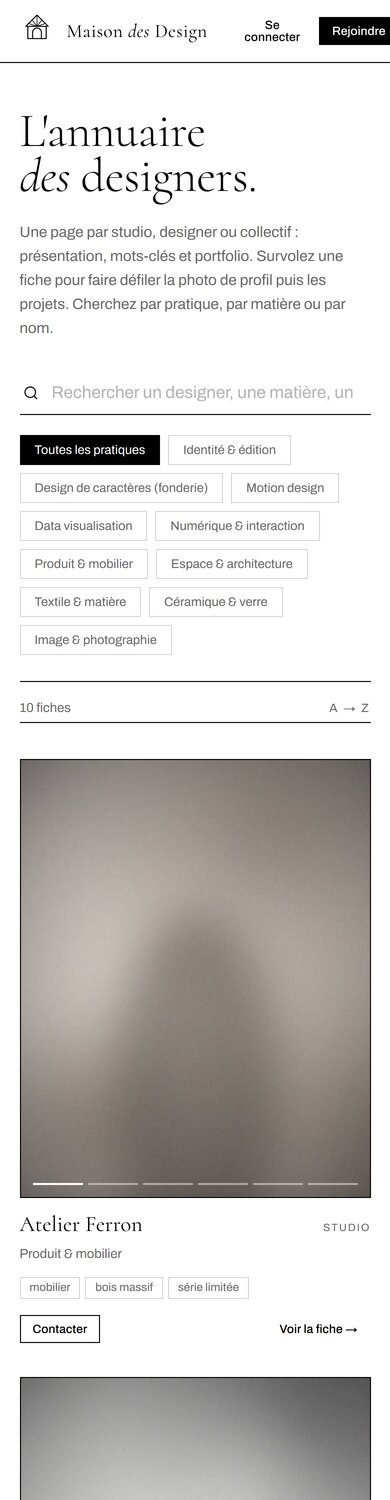 Maison des Design — Version mobile : l'accueil.