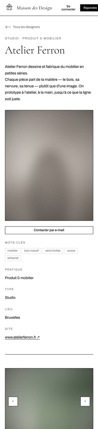 Maison des Design — Version mobile : une fiche designer.